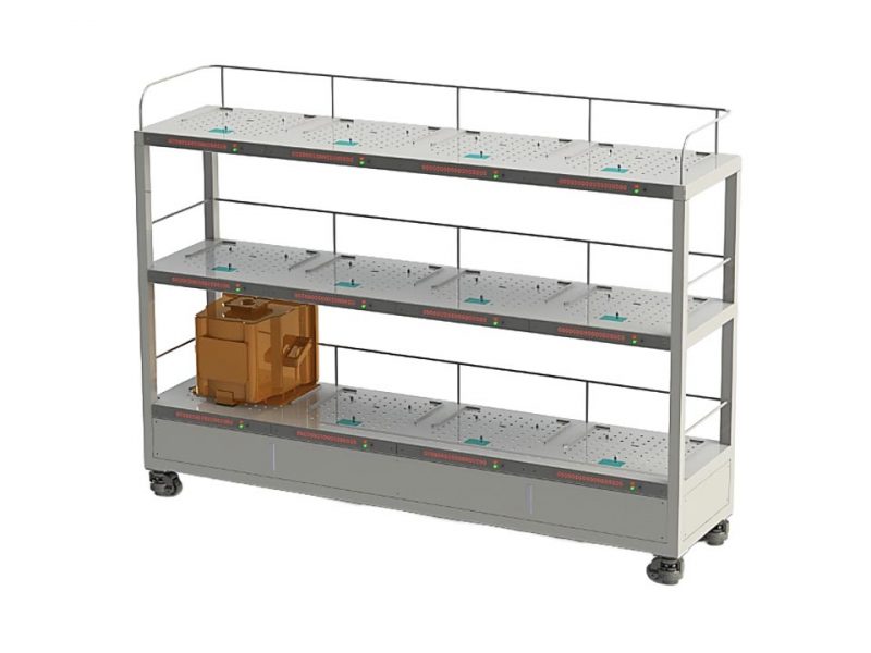 Image of an RFID eRack, an electronic shelf for AMR (Autonomous Mobile Robot). Efficient wafer storage, supporting carrier types 8" SMIF, 12" FOUP...